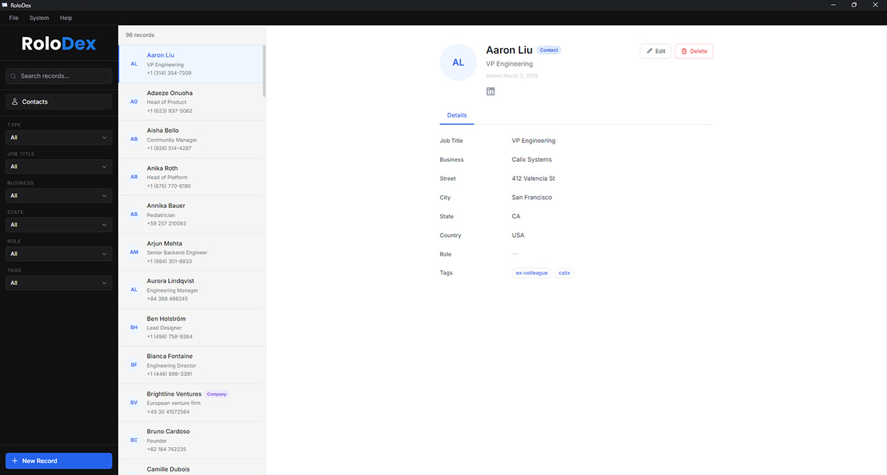 RoloDex screenshot